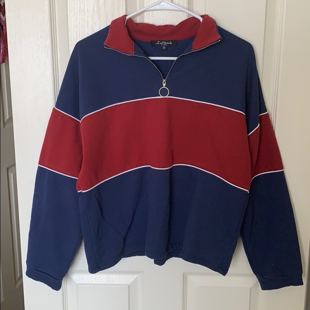 Quarter zip blue and red color blocked sweatshirt